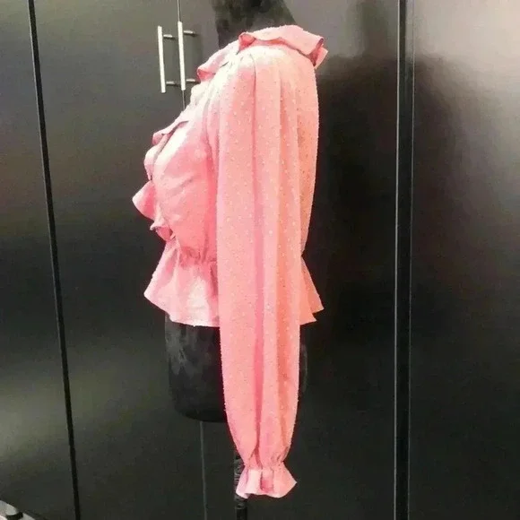 Leche Peplum Pin Dot,long sleeve,ruffle v-neck,bell sleeve,lined,light rose - Picture 4 of 9